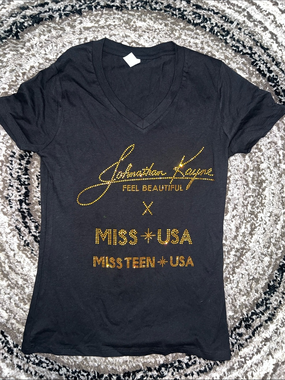 Johnathan Kayne Black V-Neck Tee with Gold Rhinestone Logo